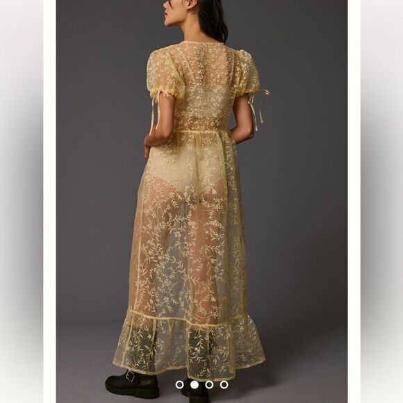 NWT By Anthropologie Sheer Short-Sleeve Organza Maxi Dress Canary Medium - Picture 5 of 14